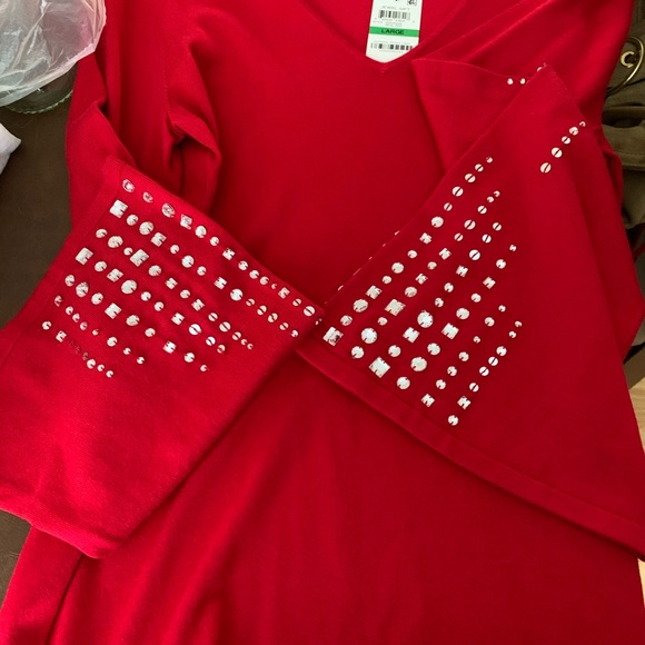 INC RED SWEATER WITH BLING SLEEVES - Picture 3 of 6